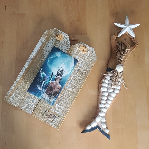 Source Unknown Other - Mermaid & Nautical Canvas Wall Art – Wood, Twine, Seashells – Set of 2